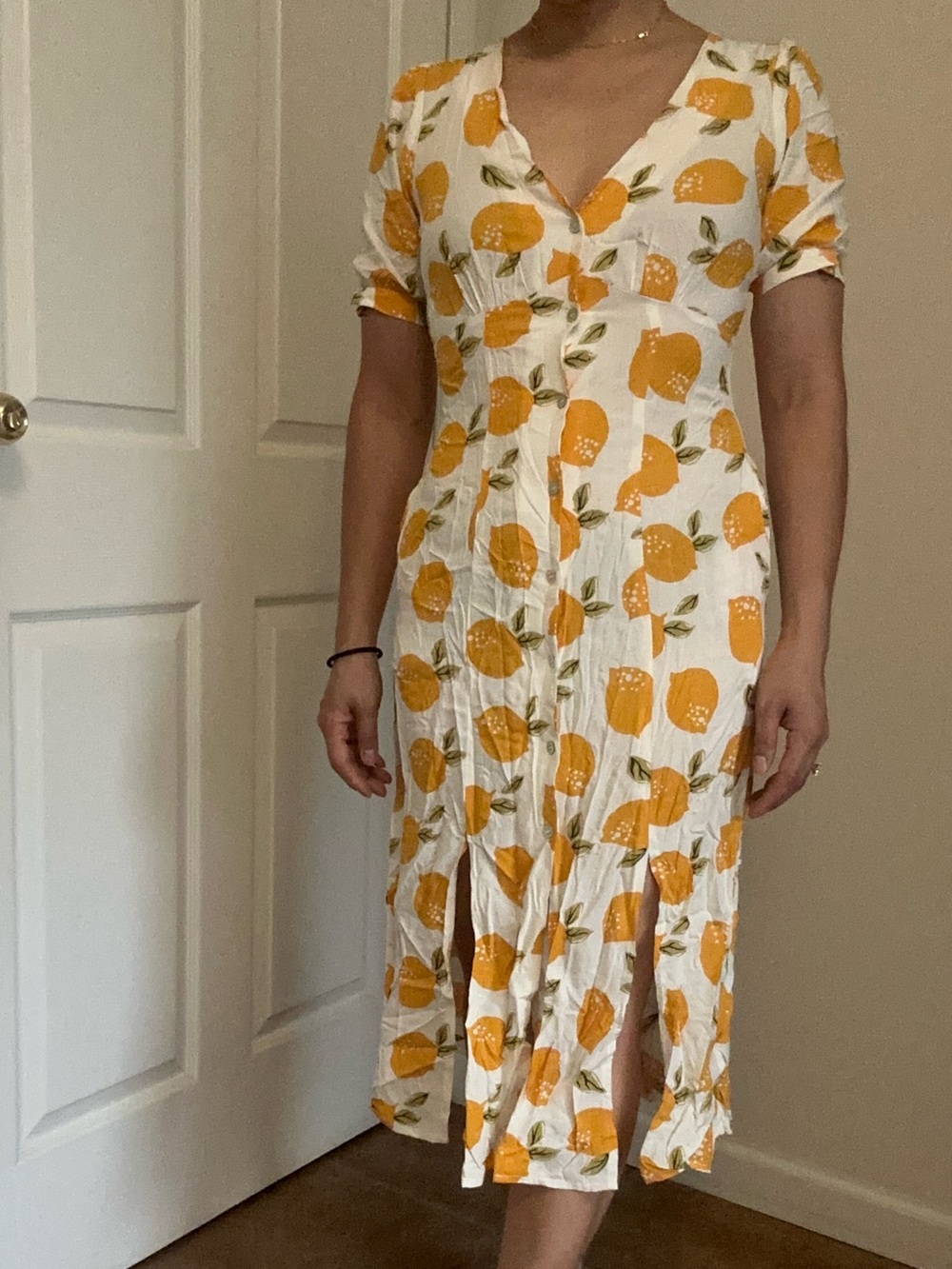 Cream Midi Dress with Yellow Citrus Pattern